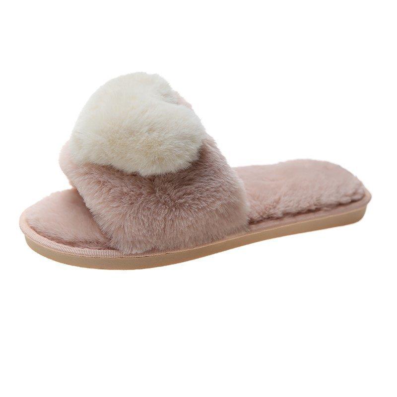 2020 New Autumn and Winter Slippers Light Mouth Flat Heel Flat Bottom Daily Home Plush Cotton Slippers Love One Word Hair Drag