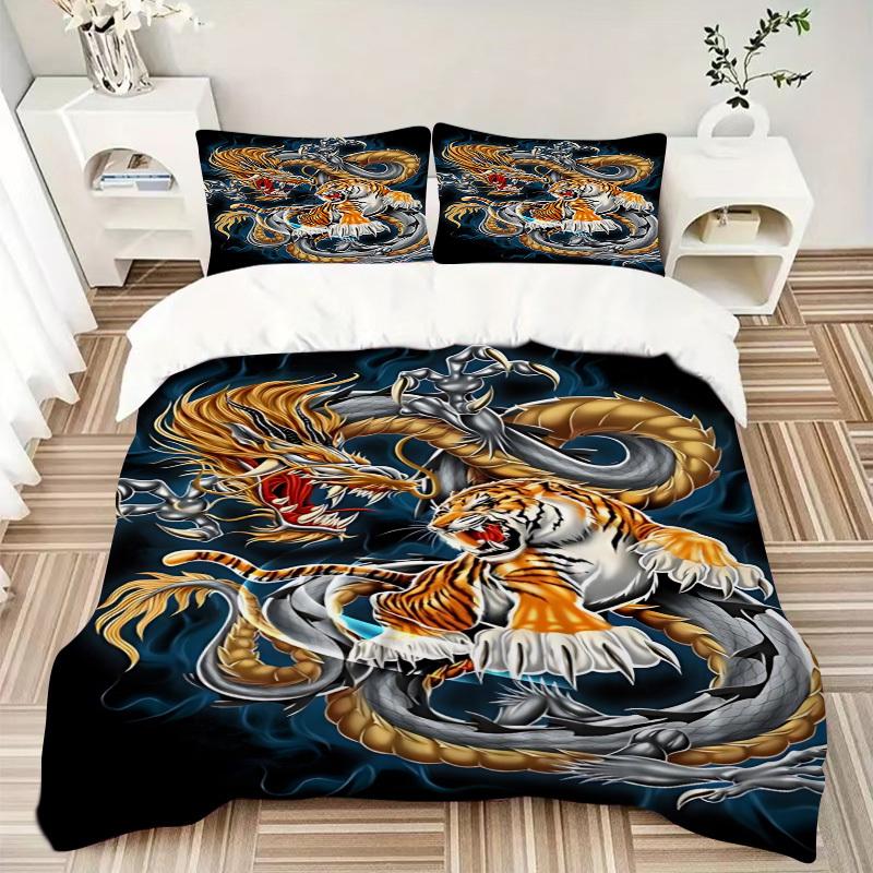 3pcs Dragon Tiger Design Duvet Cover Set -Includes 1 Duvet Cover and 2 Pillowcases, No Quilt Core, All-Season Home Decor  yy251111194