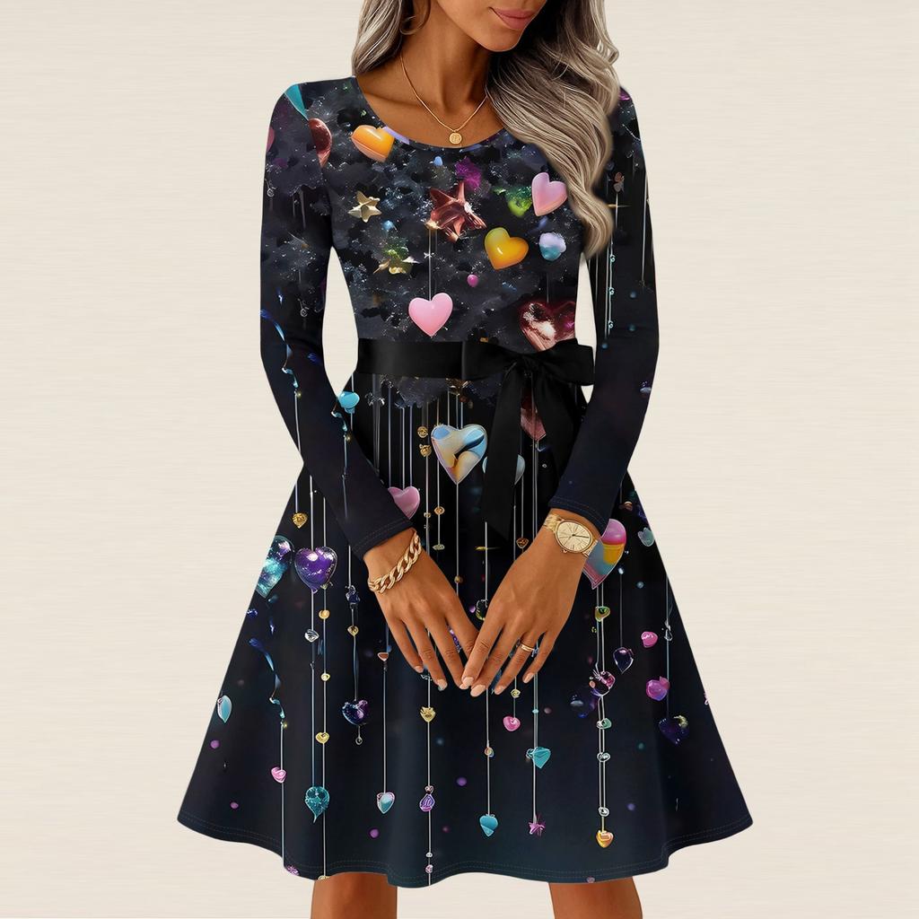 Damen Casual Mode Langarm Vintage Lange Kleider Frühling Valentinstag