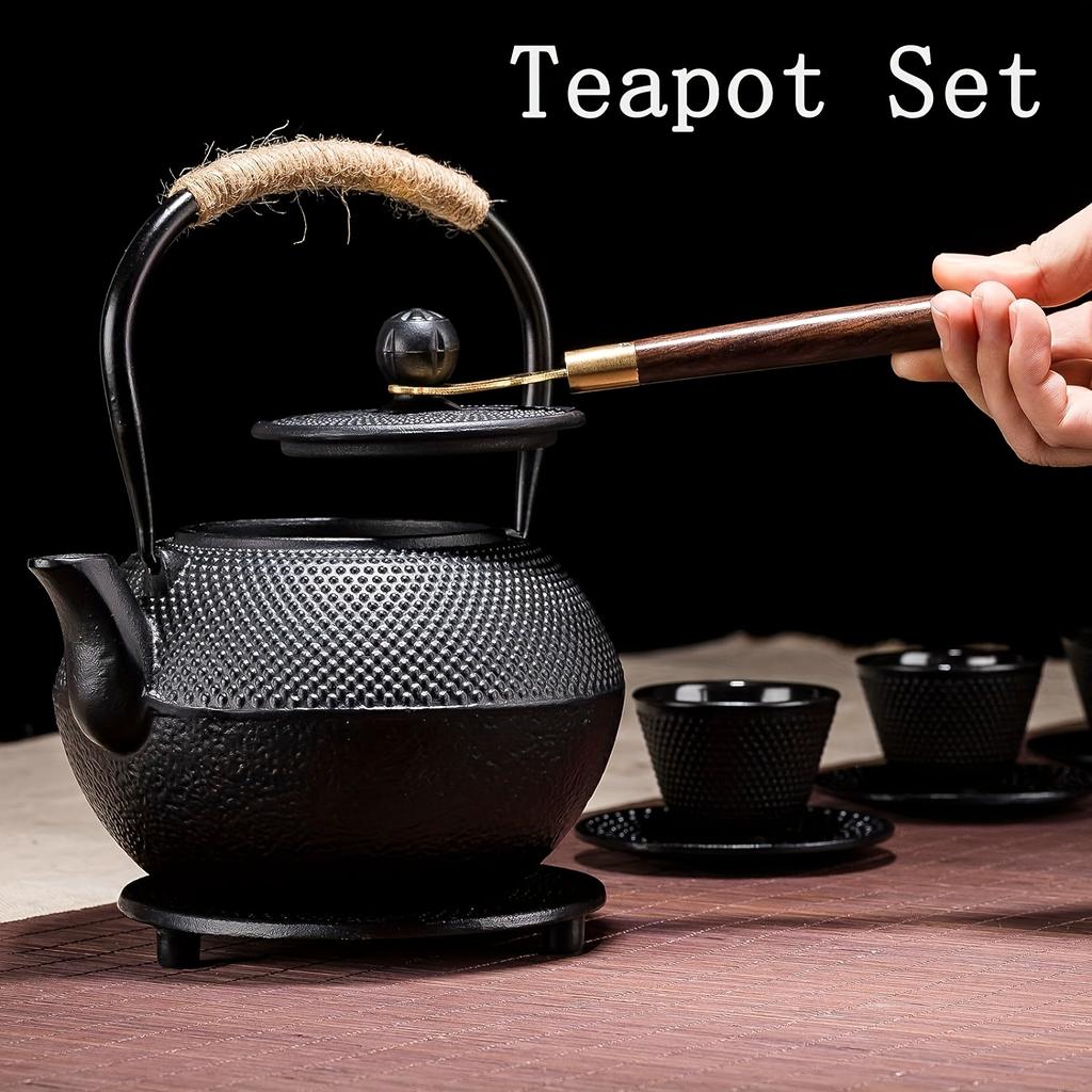 1 Set Cast Iron Tea Set 40.58oz Durable Cast Iron Teapot With Tea Strainer And 4 Cups 1 Pot Fork For Outdoor Picnic Home Restaurant Tea Room Tea Acces