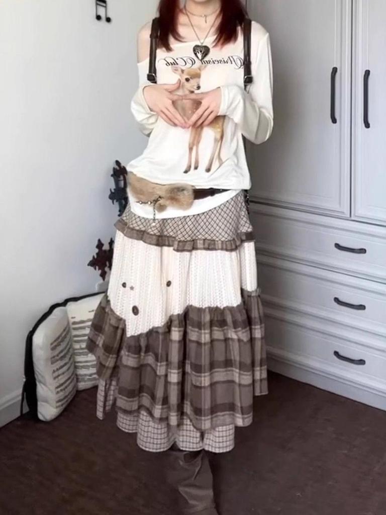 Moe-Stil karierter gestufter Midirock: Süßes Retro-Design mit hoher Taille für Herbst & Winter