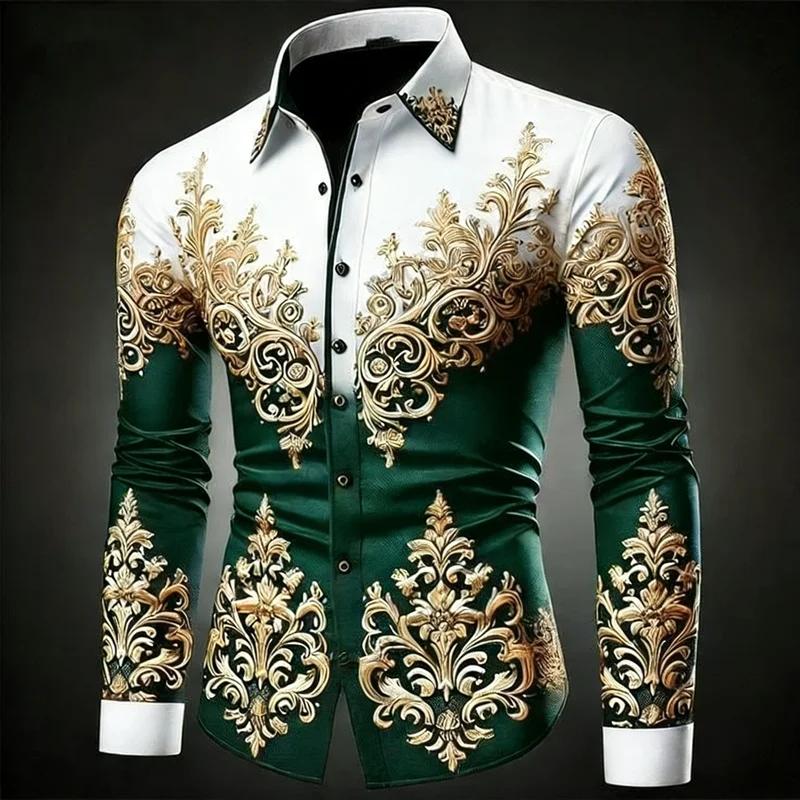 Men's Plus Size Hawaiian Shirt Long Sleeved Button Up Retro Floral 3D Print Gold Exquisite Pattern Fashionable 12 Colors Availab