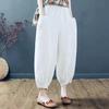 Lantern Pants Summer Elastic Waist Solid Color Cotton Linen Dual Pockets Ankle Length Loose Fit Women Harem Baggy Trousers Daily Wear
