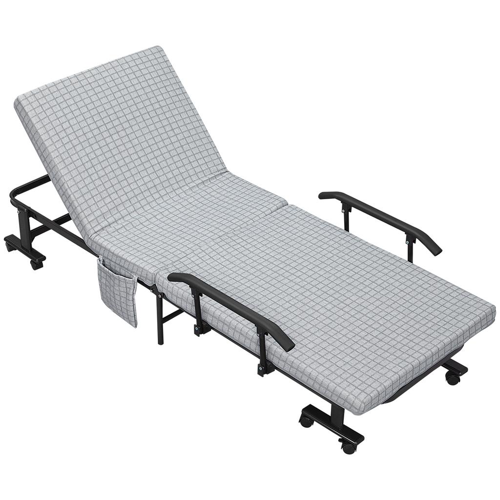 Folding Bed, Guest Bed, Reclining Backrest, Armrests, 8 Wheels, Steel Frame, Light Grey+Black, 190 X 76 X 33cm