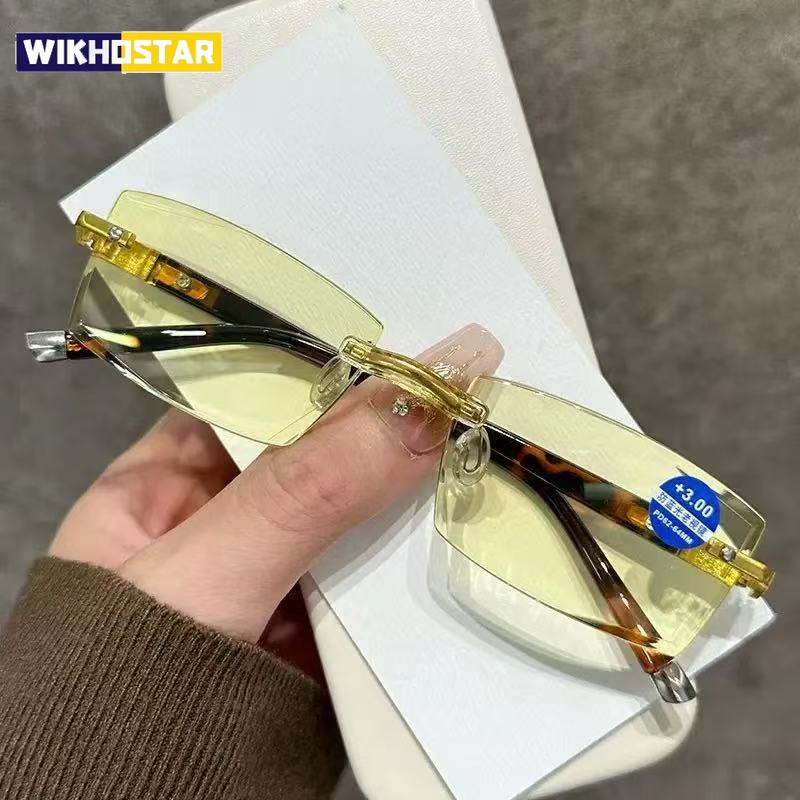 Frameless Brown Crystal Intelligent Zoom Presbyopia Glasses Anti Blue Light Anti Fatigue HD Far Near Eyeglasses For Men Women