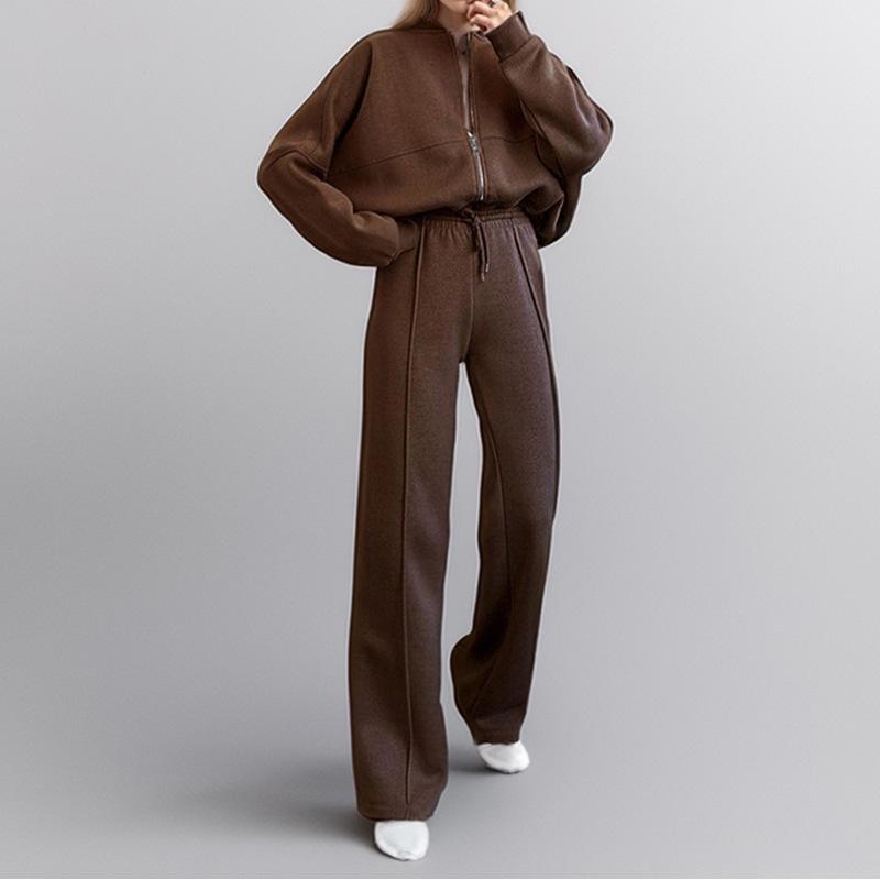 Women's Grey Cropped Zipper Hoodie and Loose Fit Sweatpants Casual Lounge Set