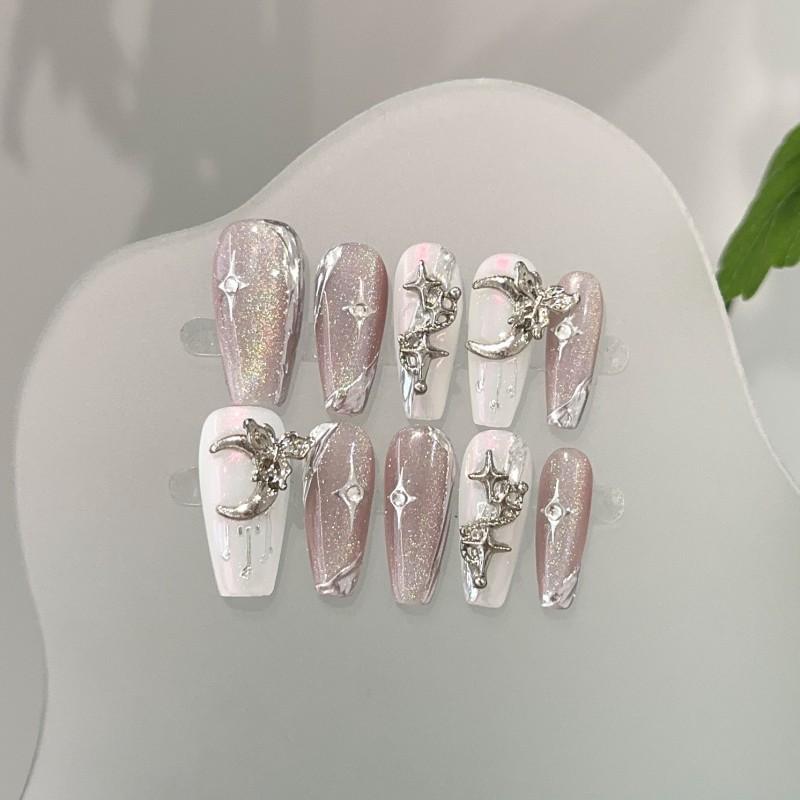 Handmade Press On Nails Purple Starry Sky Cat Eye Fake With White Stars Moon Medium Length Women