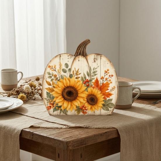 Desktop Decorative Wood Signs Thanksgiving Fall Pumpkin Table Decoration, Rustic Block Wooden Sign, Autumn Vintage Decor Farmhouse Tabletop