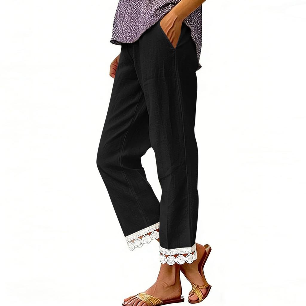 Women's Fashion Color Elastic Waist Pocket Lace Splicing Casual Straight Pants
