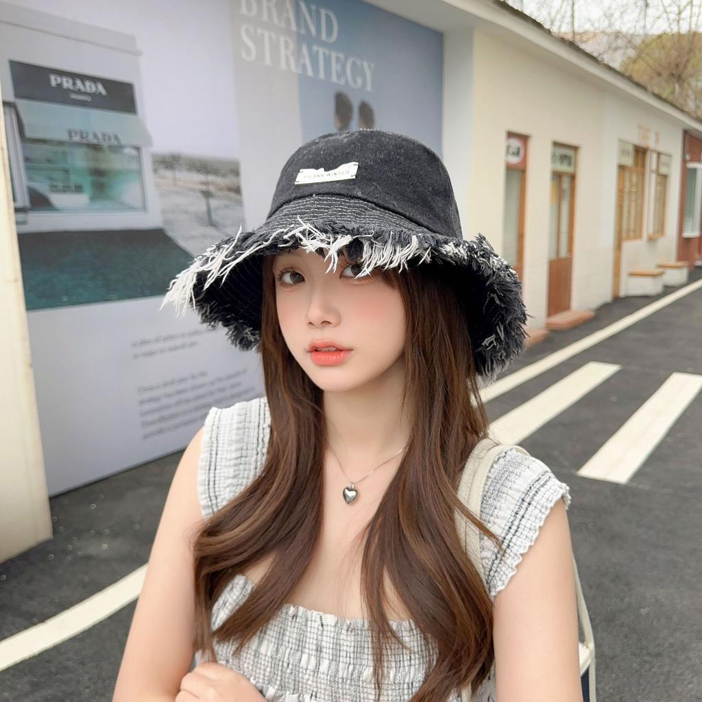 Spring retro rough edge iron standard denim bucket hat women's face small visor solid color sunscreen basin hat
