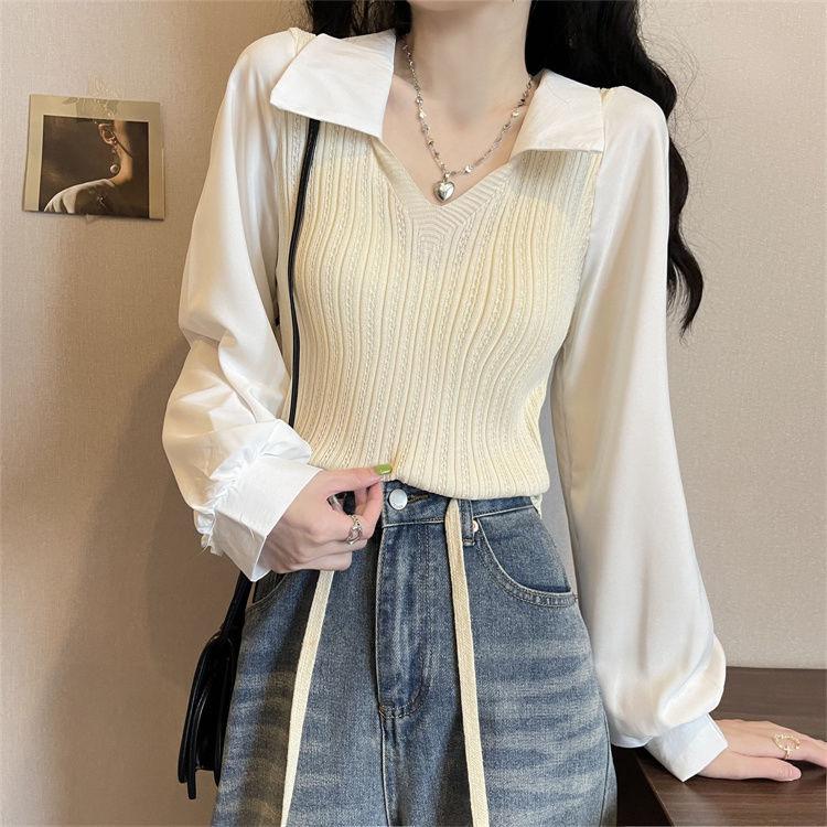 Jesienny i zimowy sweter z dekoltem w serek, łączony sweter z rękawami typu latarnia, dwuczęściowy sweter z dzianiny, top z długimi rękawami dla kobiet