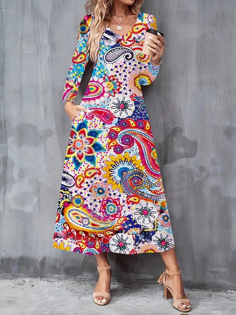 2025 Herbst und Winter Neues Damen Casual Modekleid 3D Retro Musterdruck Langarm V-Ausschnitt A-Linien-Kleider