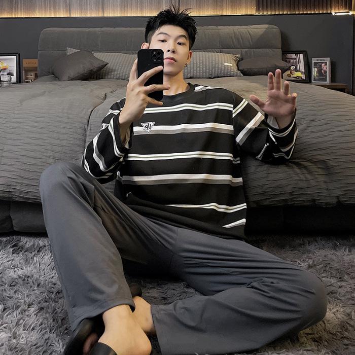 Set de pijamale bărbătesc cu mânecă lungă din bumbac - Primăvară/Toamnă, Mărime mare, Costum casual