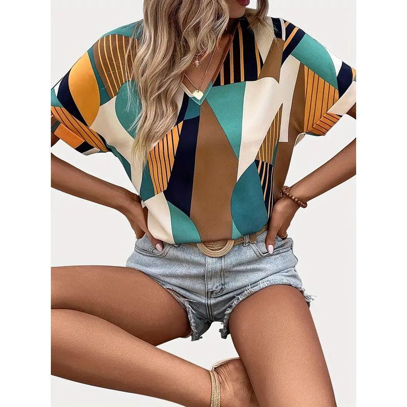 

Amazon Fashion Стиль Уличная мода Элегантный Горячая Распродажа Новый Геометрический Узор Повседневная Летняя Рубашка с V-образным Вырезом Женская Red S