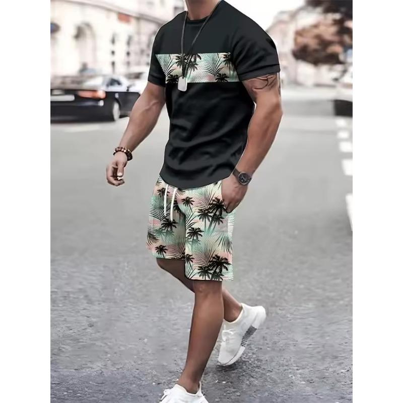 

Summer Men s Suit Flame Print Splicing Trend Personality T-shirt Loose Suits Short Sleeve T-shorts Men s Summer Clothing 6XL