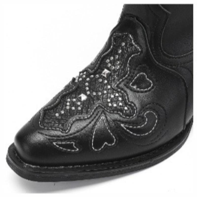 Women's Fad Embroidery Cowboy Boots Women Thick Heel Retro Pointed Knight Boot Mid European and American Length Boot Botas Mujer