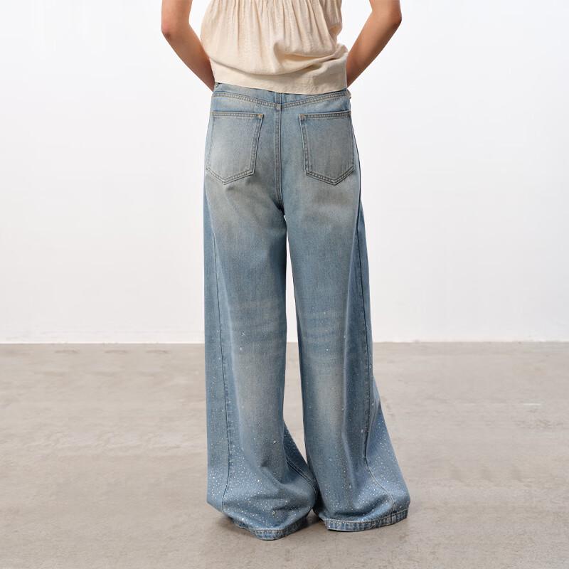 GREEN BELT Blue Washed Rhinestone Slim Loose Wide-Leg Jeans