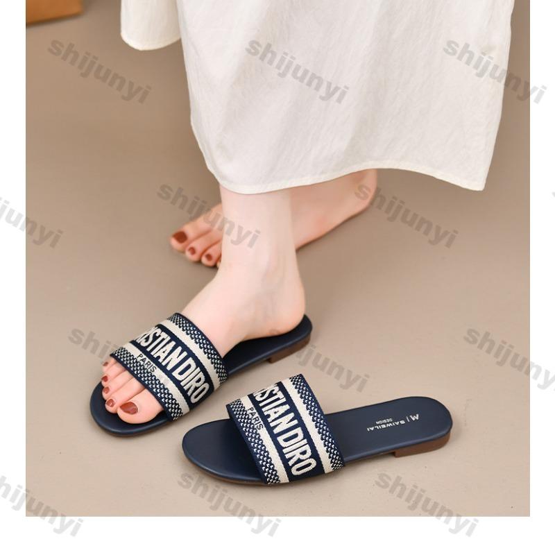 Women's One Word Slippers 2025 Summer Comfortable Breathable Casual Flats Embroidery Lightweight Outdoor Beach Sandals