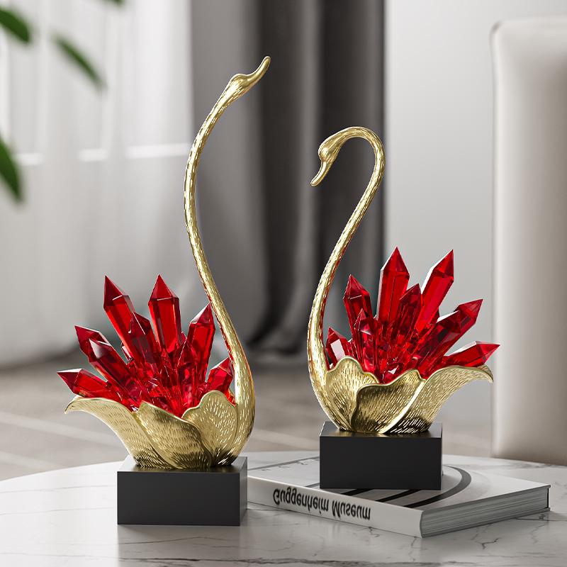 Gilded Crystal Swan Sculpture Two Piece Set Creative Artwork Ornaments Golden Swan Desk Decoration Modern Home Decor Accessories