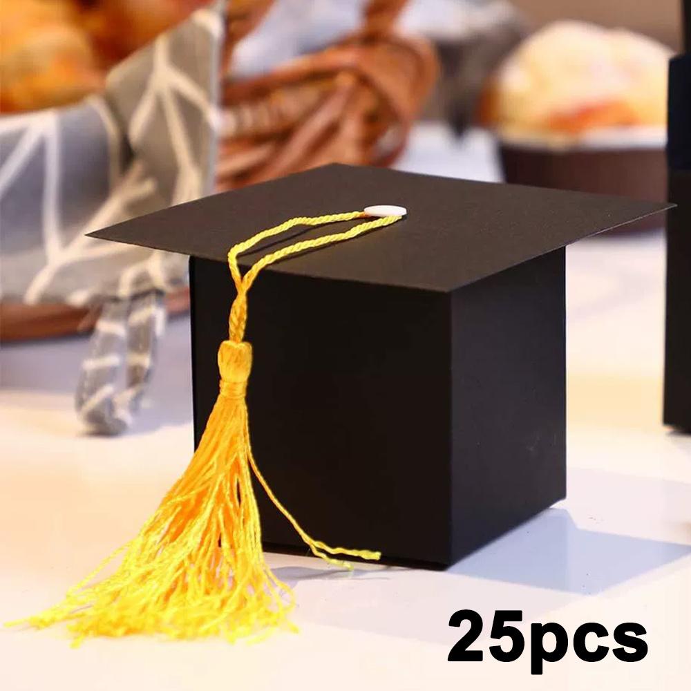 25pcs Gift Box Creative Graduation Hat Treat Boxes with Yellow Tassel DIY Graduation Gift Wrap Box Graduation Decoration Party Commemorative Gift Box