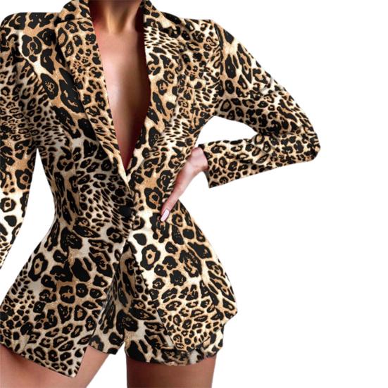 2 Pcs/Set Women Blazer Shorts Set Long Sleeves Slim Fit Elegant Deep V Neck Wash-and-wear Leopard Print