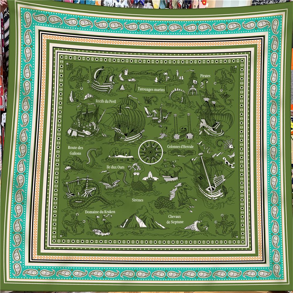 

Women s Sailing Boat Print Silk Wool Scarf: Hand-Rolled Edge Winter Shawl 130*130 cm зелений