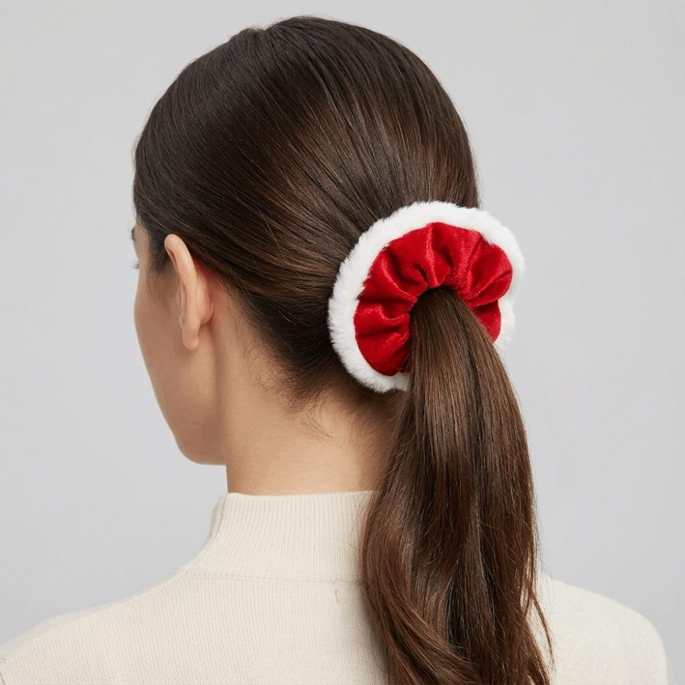 White Trim Christmas Velvet Hair Scrunchie Elastic Headwear Ornament Plush Hair Bands Holiday