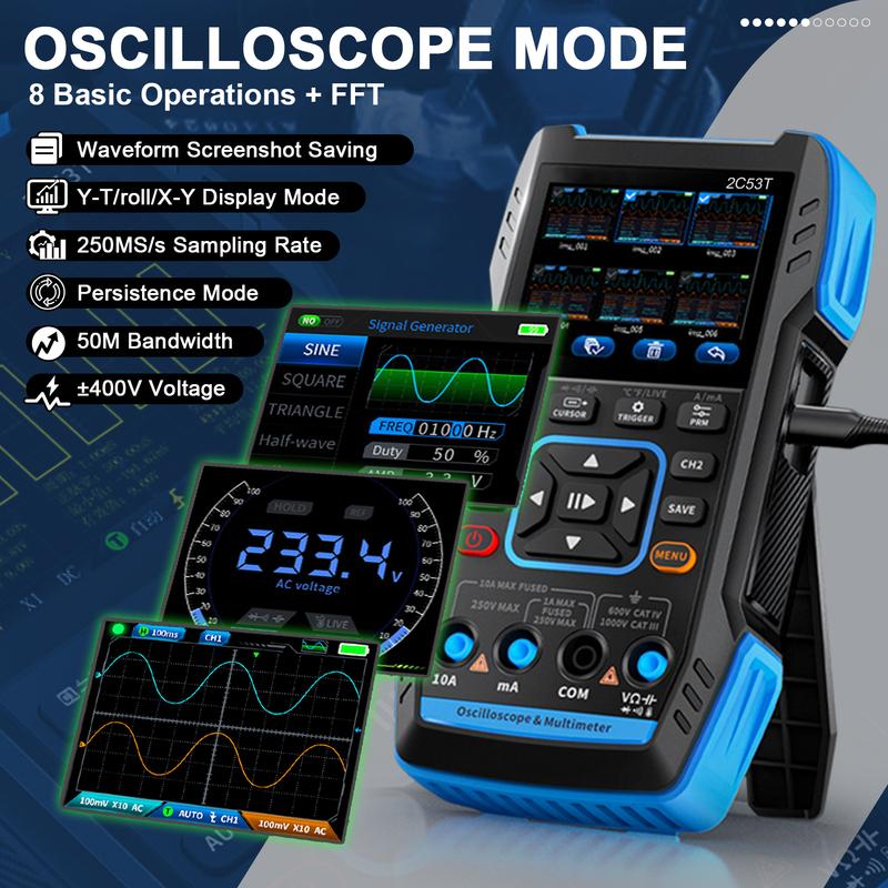 Professional Handheld Oscilloscope Multimeter 3-in-1 2 Channels 2C23/2C53T with DDS Generator 250MS/s Sampling Rate 19999 Counts