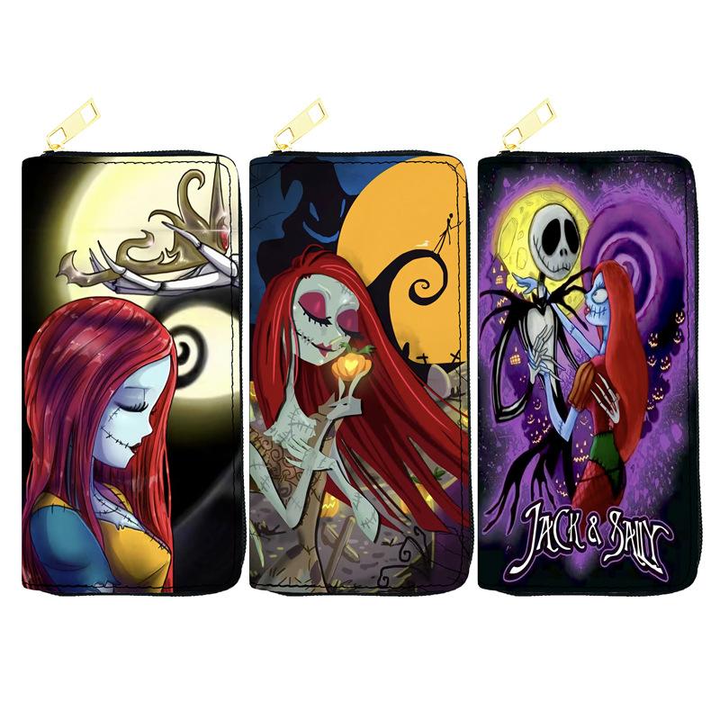 Nightmare Before Christmas PU Long Zip Wallet for Women Single Zipper Clutch Makeup Bag Jack Skellington Print 3pcs