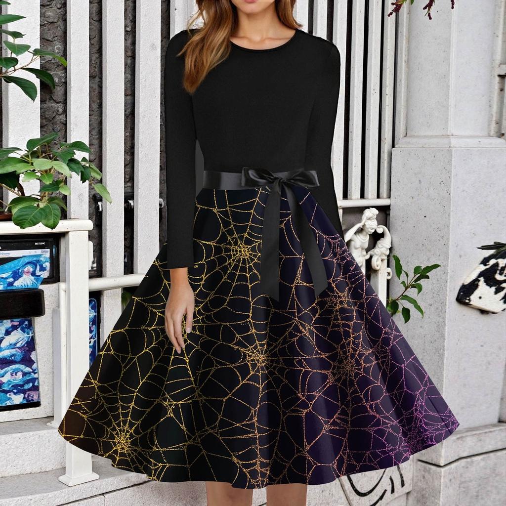 Women's Fashion O-Neck Casual Slim Fit Halloween Printed Long Sleeve Dress