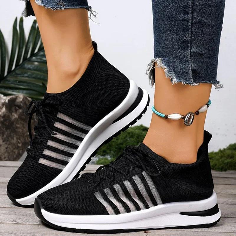 

Fashion Black Breathable Mesh Sneakers Shoes Women Spring Autumn Comfortable Lace-Up Shoes Women Striped Lightweight Female Sports Shoes 43 чёрный