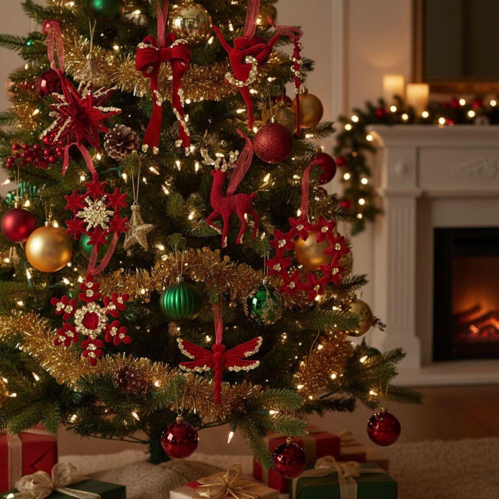 Wine Red Plush Christmas Tree Pendant Glitter Bow Christmas Decorations Holiday Season