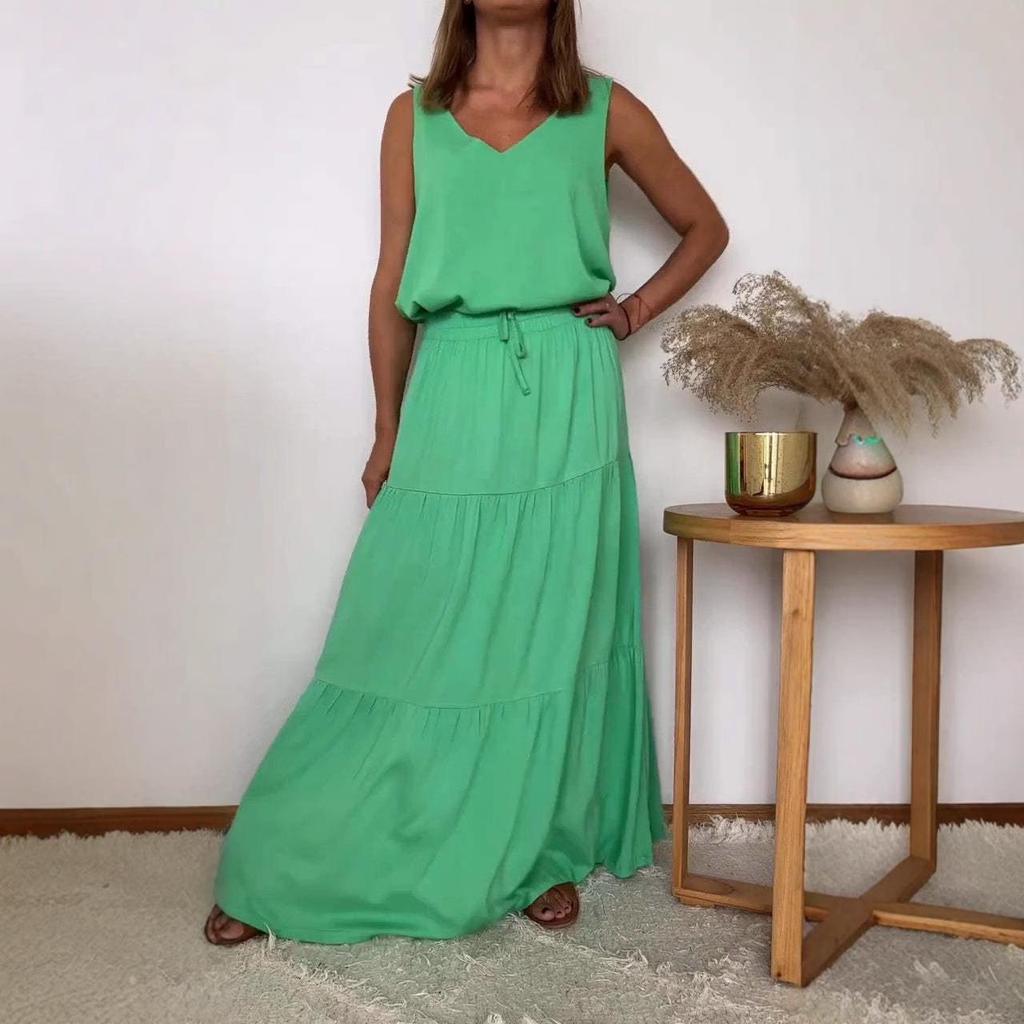 2024 Spring/Summer Women's Solid Color V-Neck Sleeveless Top and Skirt Set