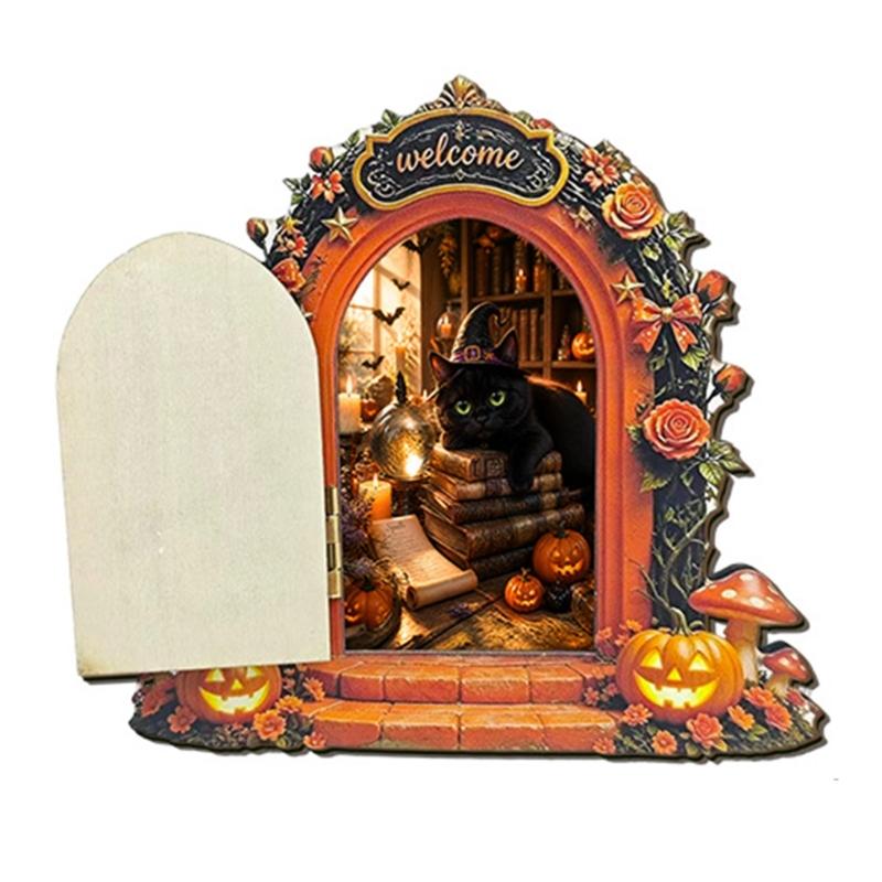 Wooden Indoor Halloween Arched Door Plaque Two Layer Sign with Round Adhesive Mounts for Party Entry Accent Use