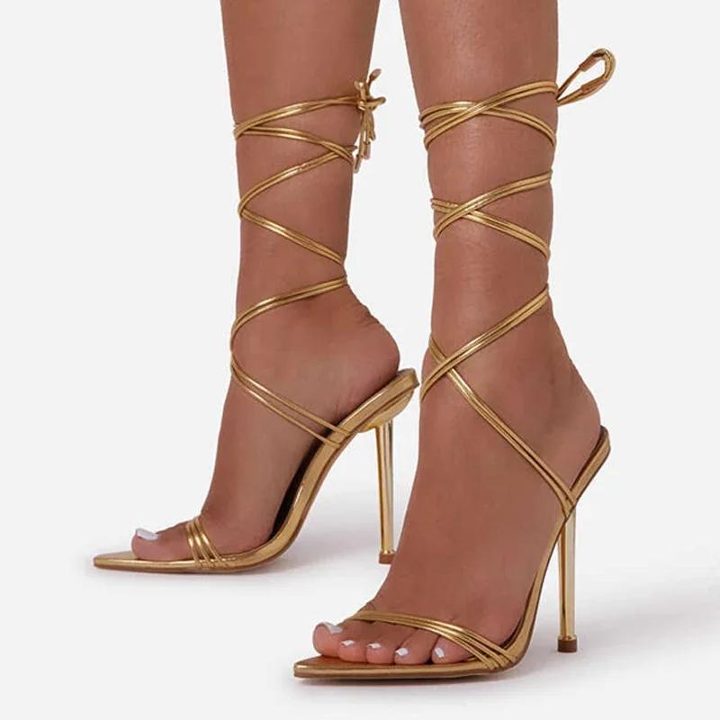 Summer 12CM Gladiator Heels Sandals For Women Pointed Open Toe Lace-Up Stiletto Ladies Strappy Wedding Shoes Black Red