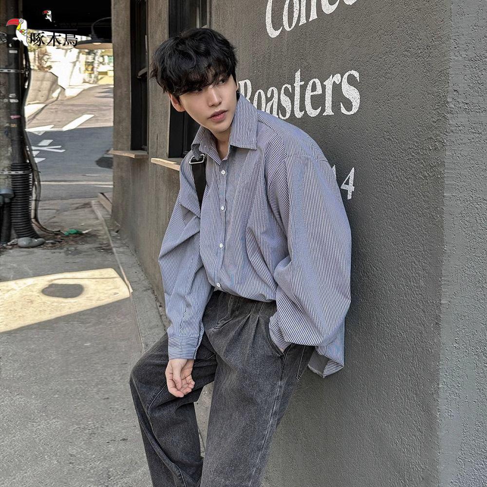 

Мужская полосатая рубашка осенняя легкая с длинным рукавом повседневная свободного кроя куртка-рубашка M синий