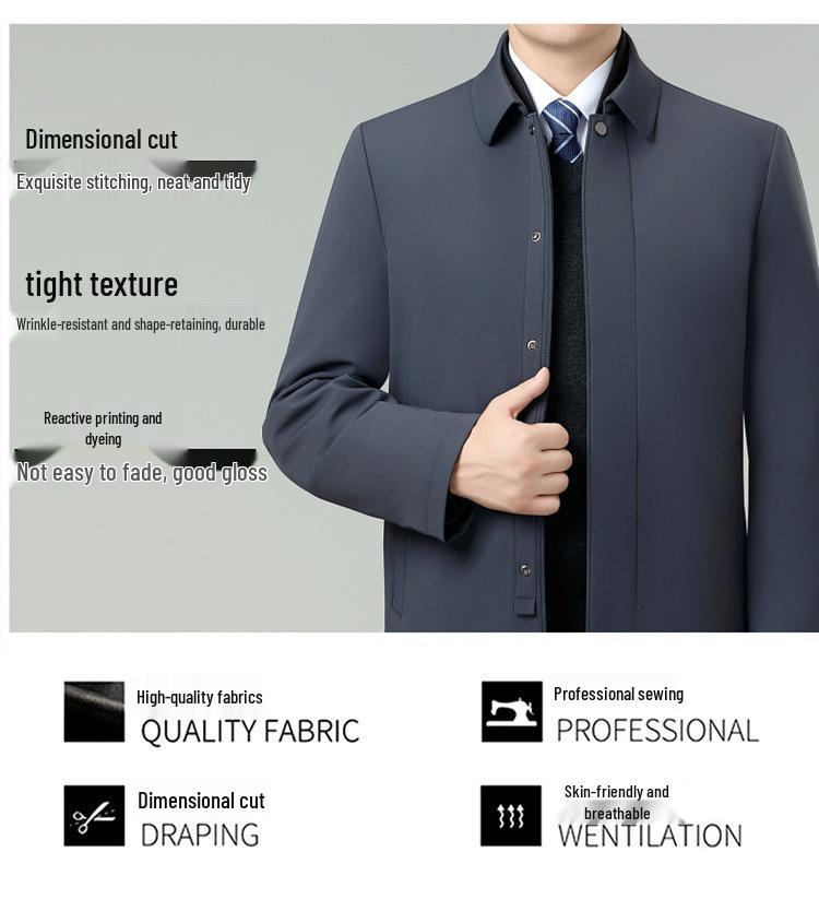 Men's Winter Down Jacket: White Duck Down, Middle-Aged, Thickened, Detachable Liner, Lapel, Warm Coat.