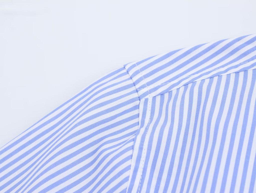 2025 Spring/Autumn Floral Print Blue Striped Loose Fit Long Sleeve Shirt with Turn-Down Collar
