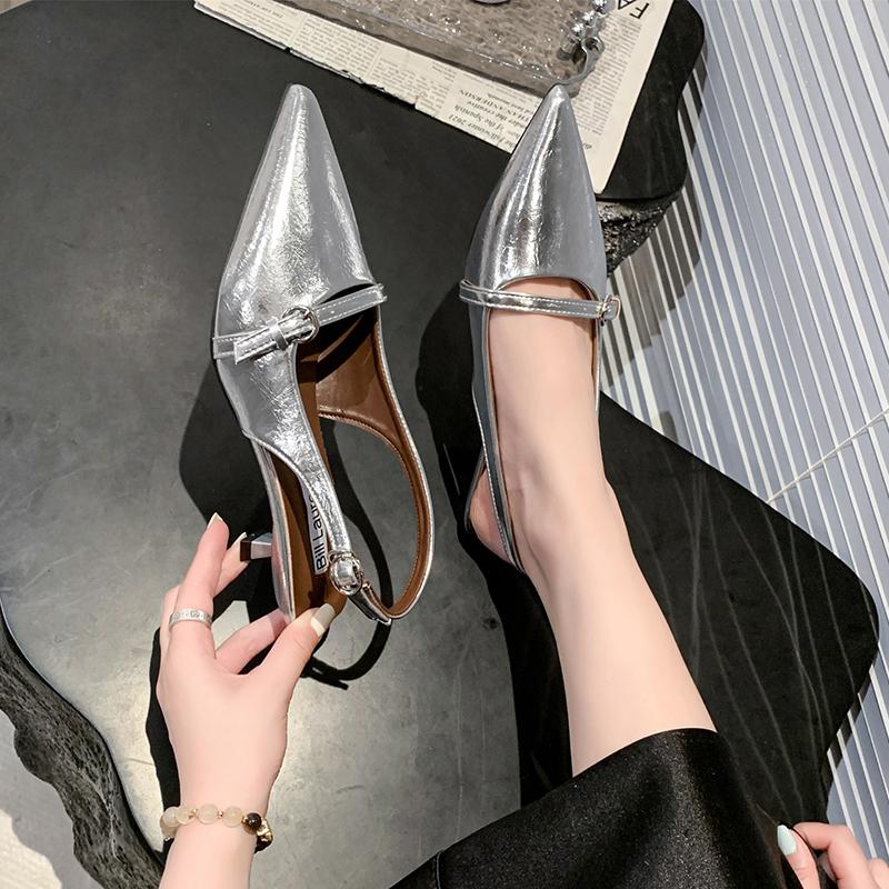 Fashion Summer Baotou Sandals Women's Fashion Pointed Head Shallow Mouth Metal Buckle Anti-slip Wear-resistant High Heels Pumps Mujer