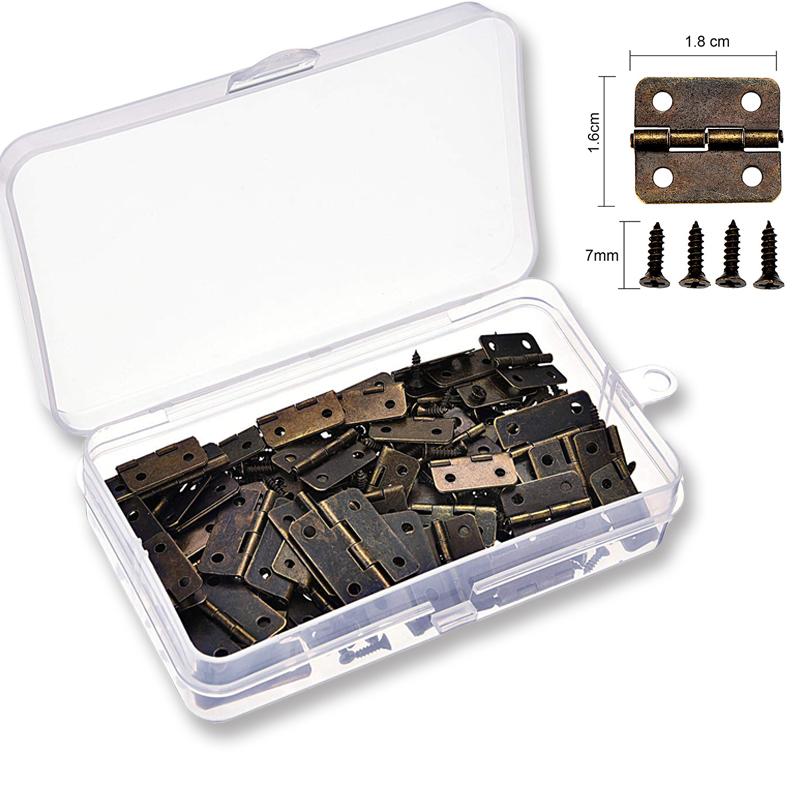 50pcs/box Hinges + 200 Screws Iron Golden/Antique Bronze 4 Holes Durable Furniture Hardware 16*13mm Mini Rounded Hinge Decor