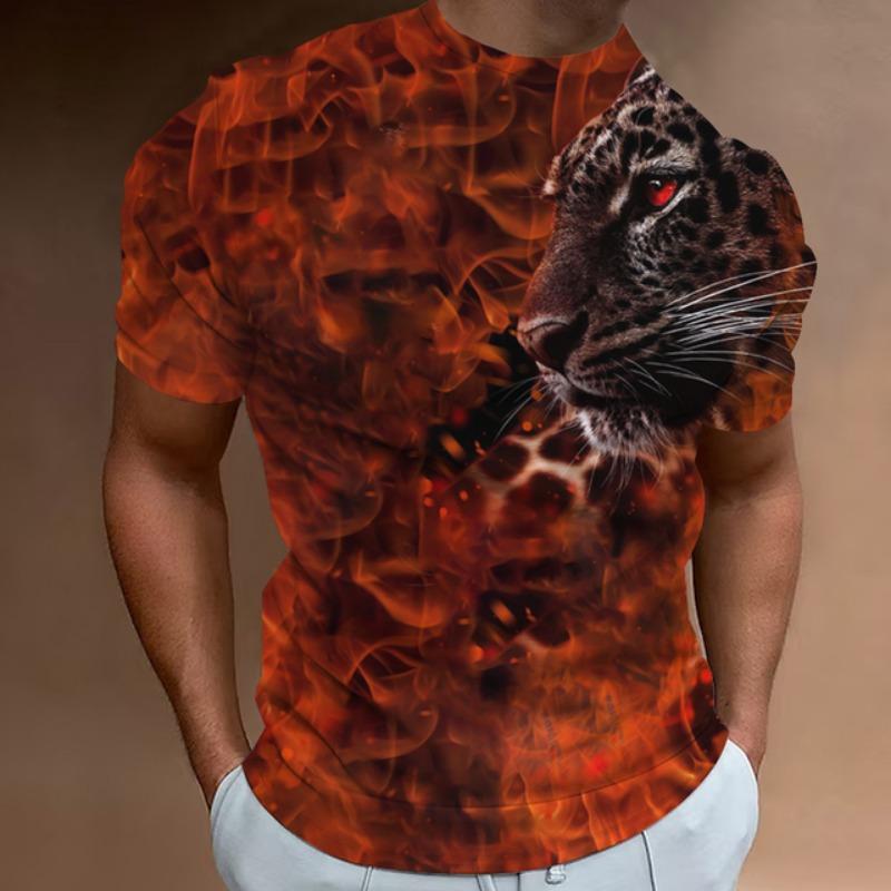 Vintage Animal T-Shirt Mens T Shirt 3d Fierce Leopard Print Tee Summer Short Sleeve Holiday T Shirt Loose Clothing Male Pullover