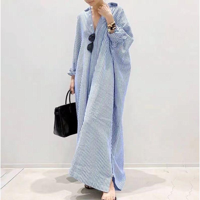 and South Korea Spring & Fall New Arrival Polo Collar Stripes Loose Hong Kong Style Loose and Idle Casual Long Sleeves Single-Breasted Shirt Dress