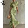 Damen Mode Sommer Frühling Blumenmuster Druck Kurzarm Hoher Kragen Hohe Taille Freizeitkleider