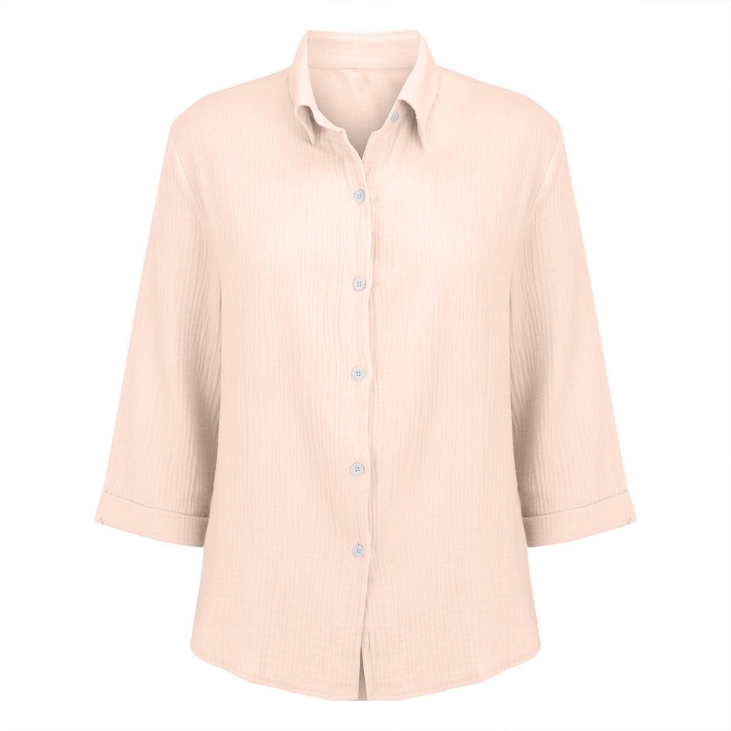 Womens Button Down Shirts 3/4 Sleeve Casual Collared Shirt Loose Blouses Solid Color Tops With Pocket