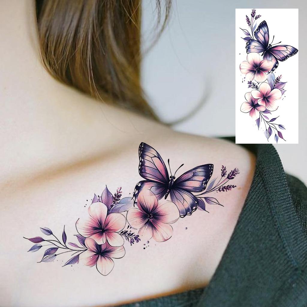 1 Sheet Colorful 3D Rose Flower Butterfly Temporary Tattoos For Women Adults Hand Foot, Waterproof Realistic Fake Tattoo Sticker