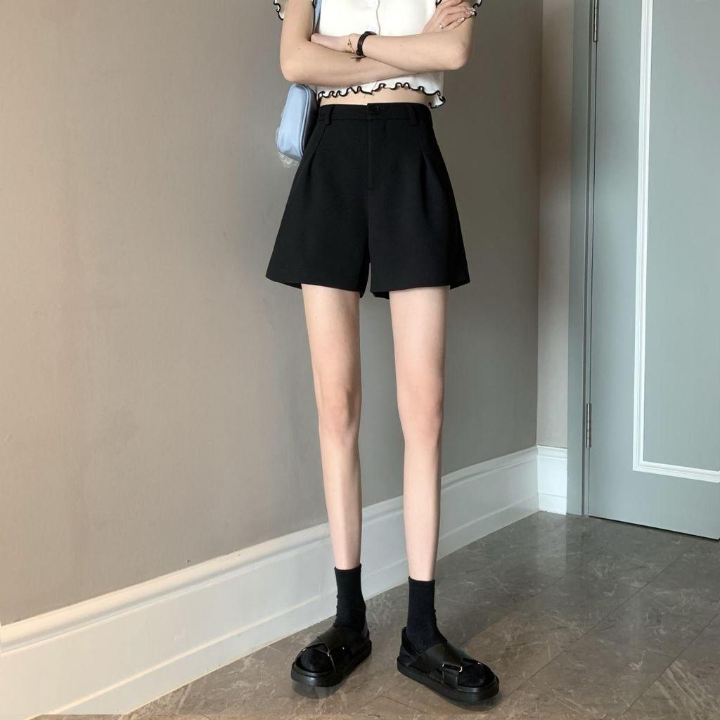 2024 Autumn/Winter Plus Size High Waist Woolen Wide Leg Shorts for Women - Black Casual Slimming Booty Shorts