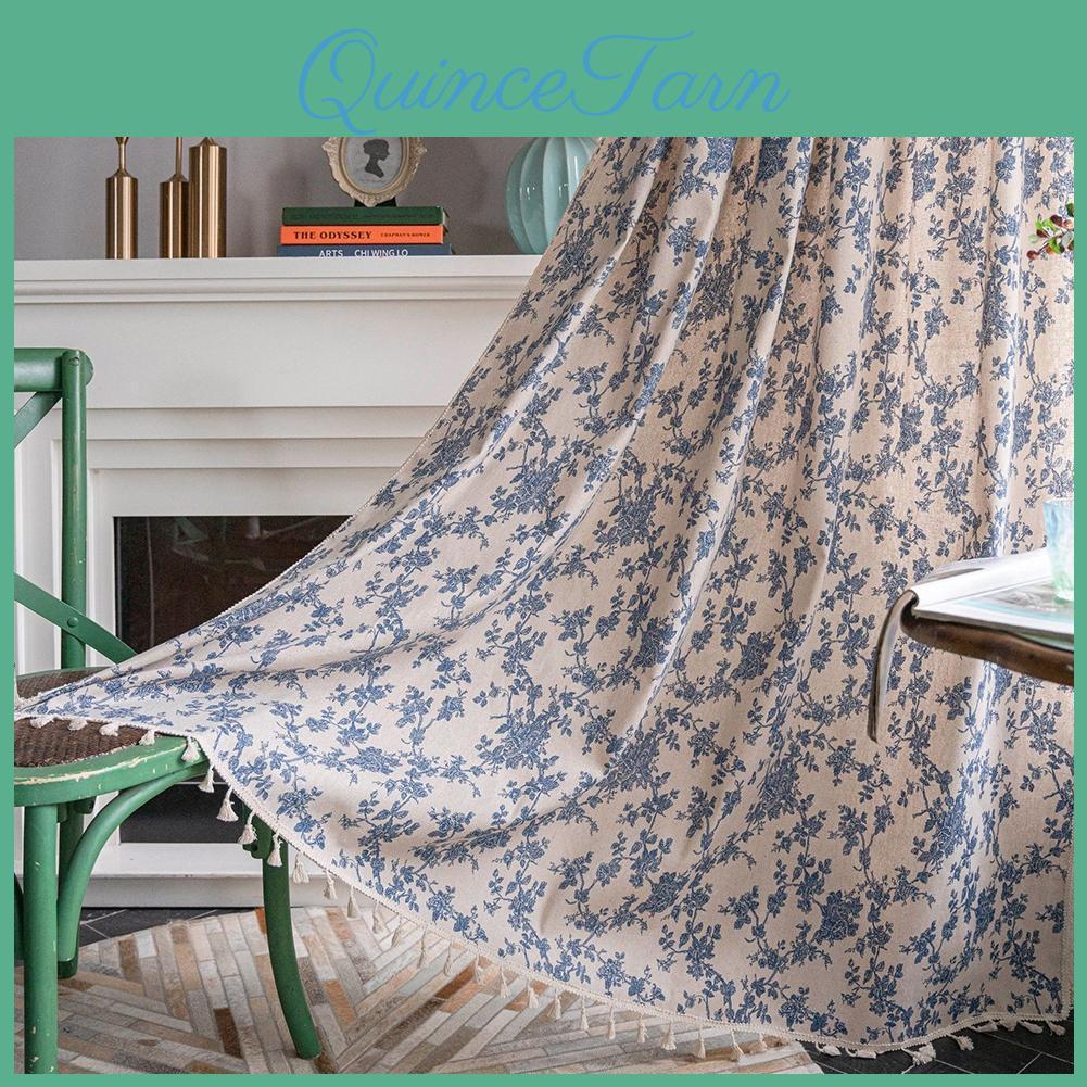 Fashionable Retro Lozujoju Floral 1pc Cotton Linen Printed Tassel Semi Blackout Curtains For Small Windows Balcony