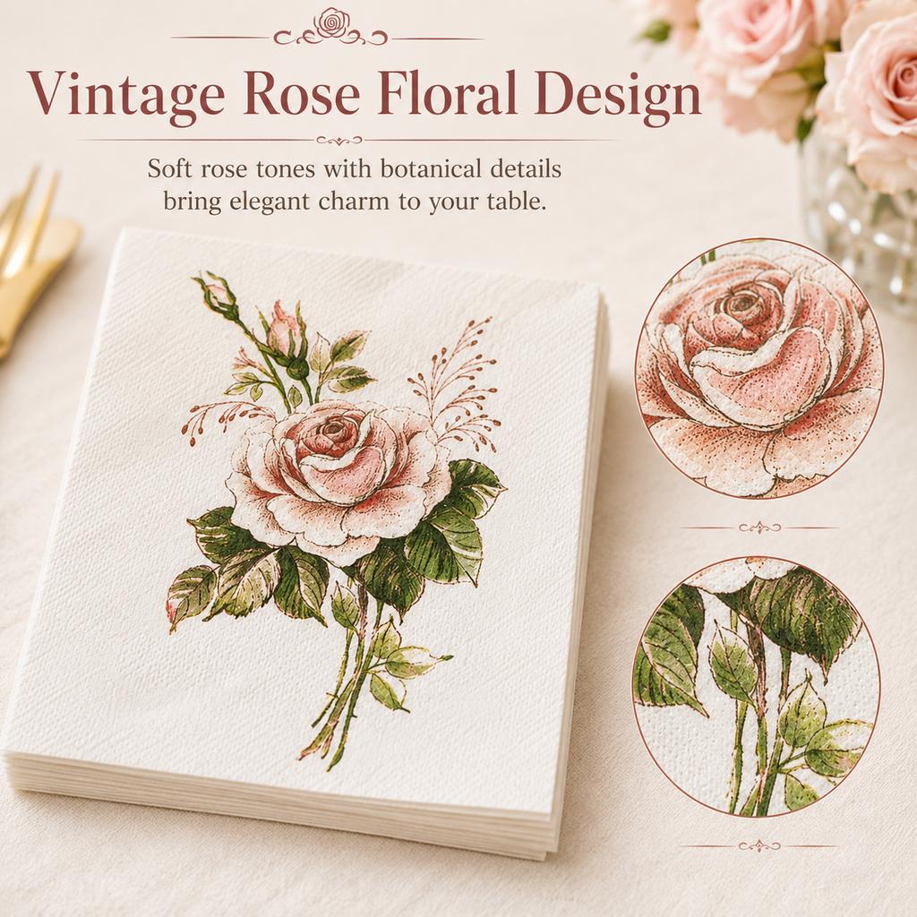 Vintage Rose Floral Paper Napkins 20Pcs 2-Ply Table Napkins for Party Wedding Tea Time Decor