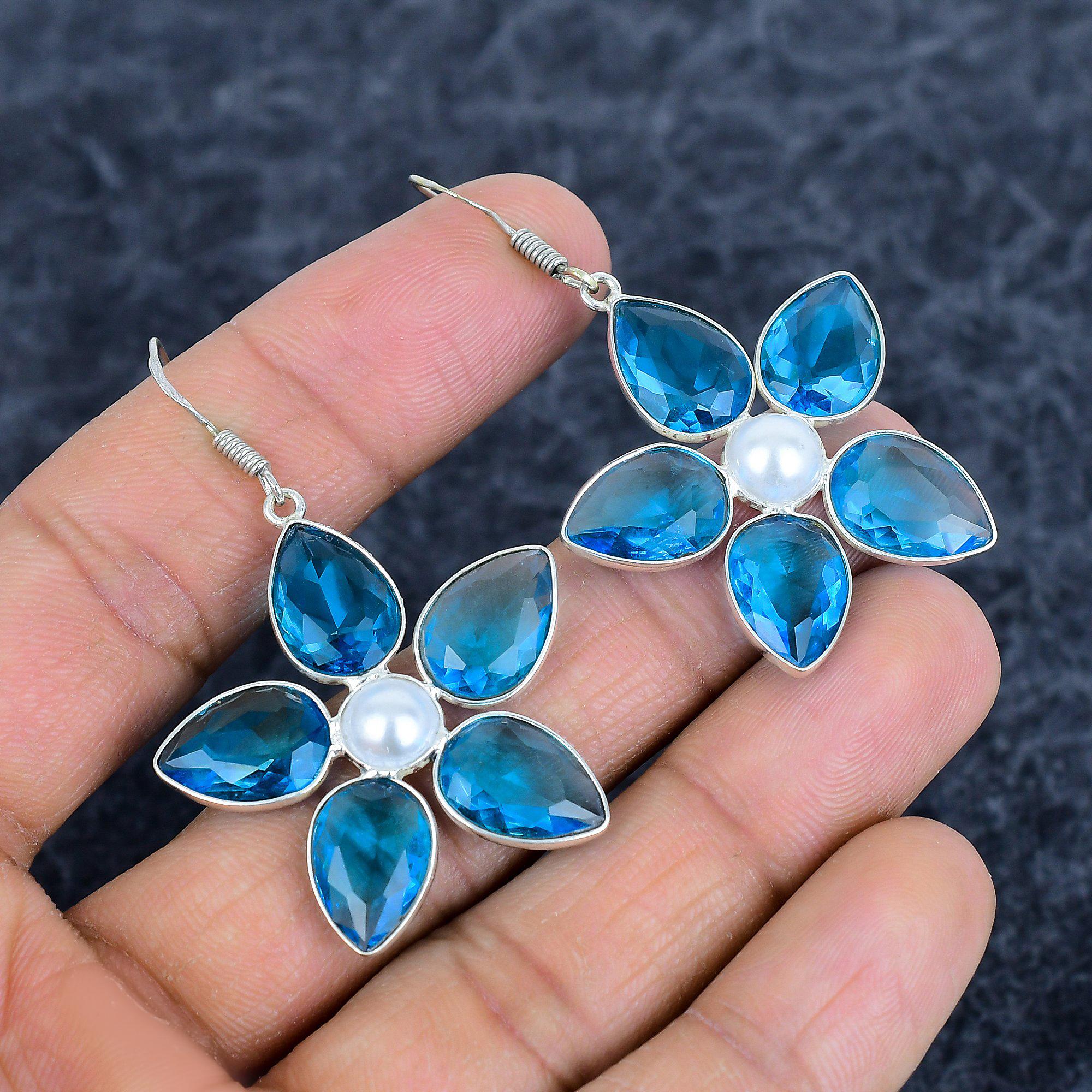 

Blue Topaz, Pearl Gemstone 925Sterling Silver Jewelry Earring 2.17 M-3124