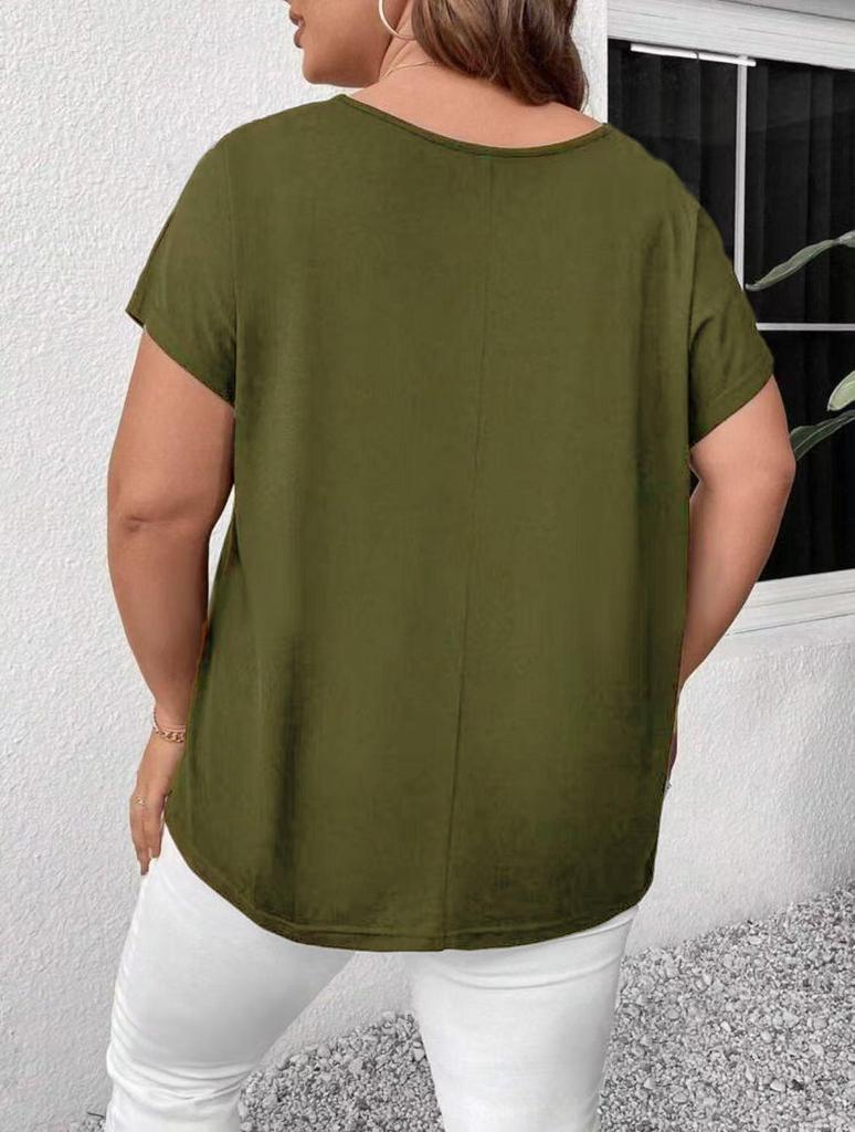 2026 Plus Size V-Neck Cross Strap Hollow Short Sleeve Women's T-shirt